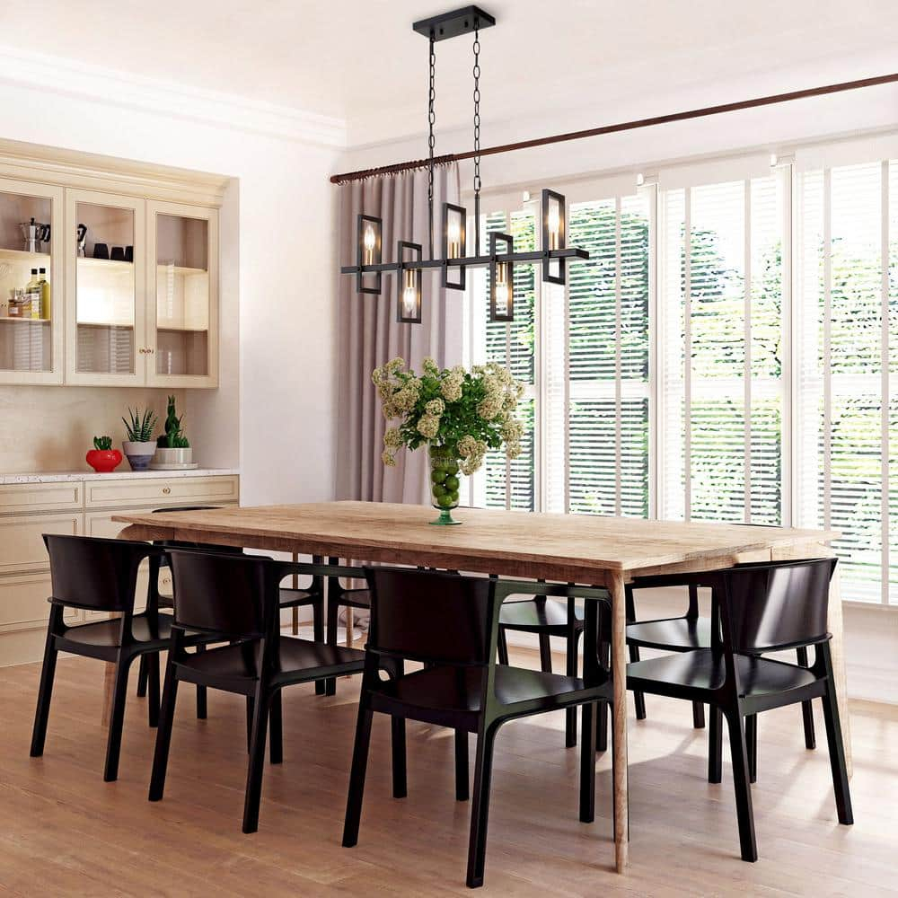 Uolfin Modern Rectangle Dining Table Chandelier Transitional 5-Light Black and Brass Kitchen Island Candlestick Chandelier