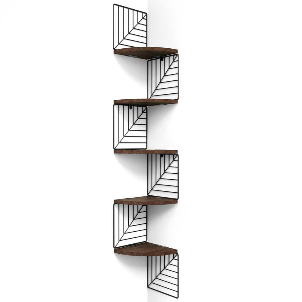 Dark Walnut 5-Tier Floating Corner Wall Shelves with Metal Brackets
