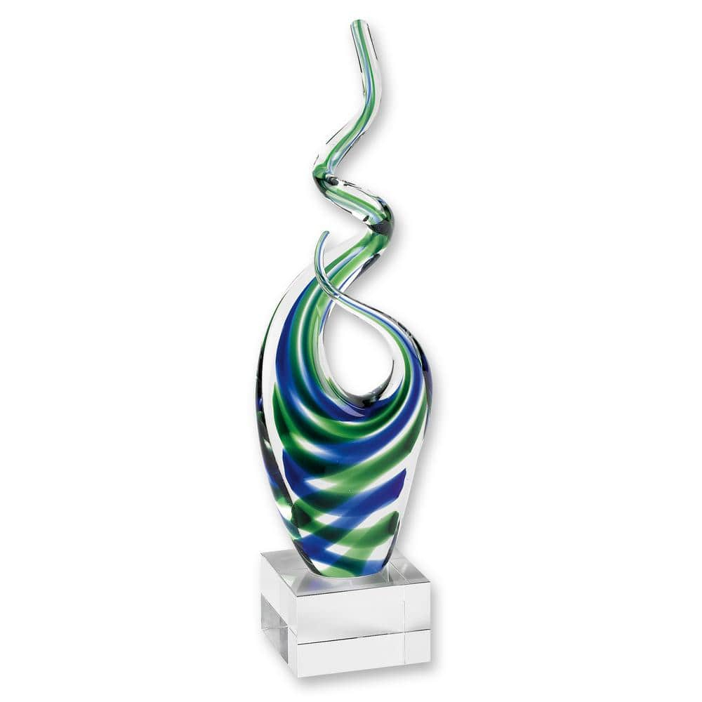 14" Blue and Green Murano Style Art Glass Sculpture on Crystal Pedestal
