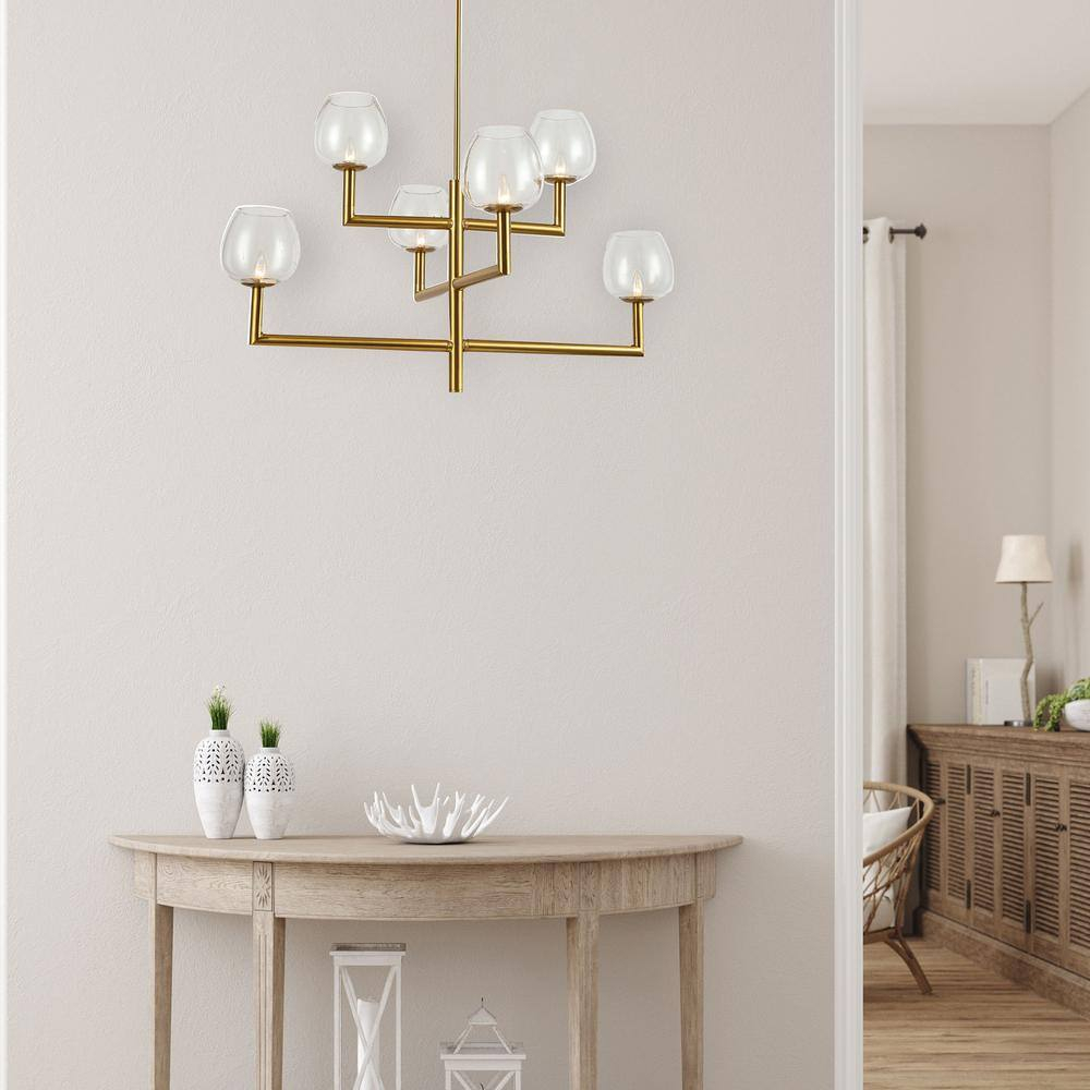 Modern Brass 6-Light Chandelier with Clear Candlestick Shades