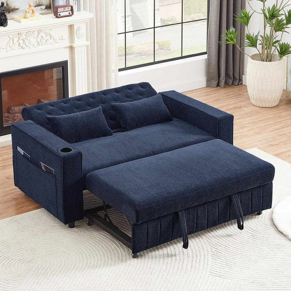 Blue Chenille Tufted Twin Sleeper Sofa with Cup Holder