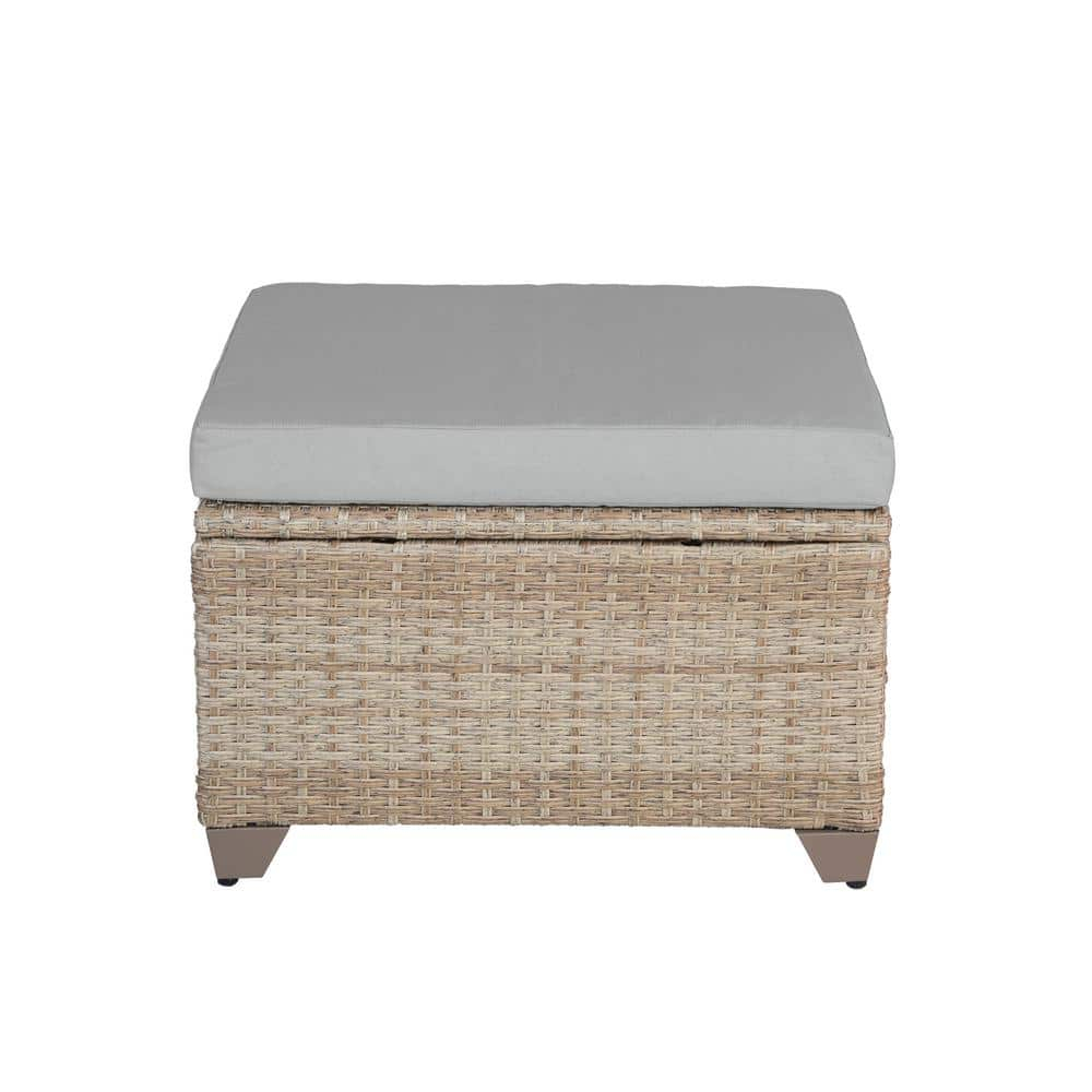 Maui Natural Aged Wicker Outdoor Ottoman with Stone Cushion