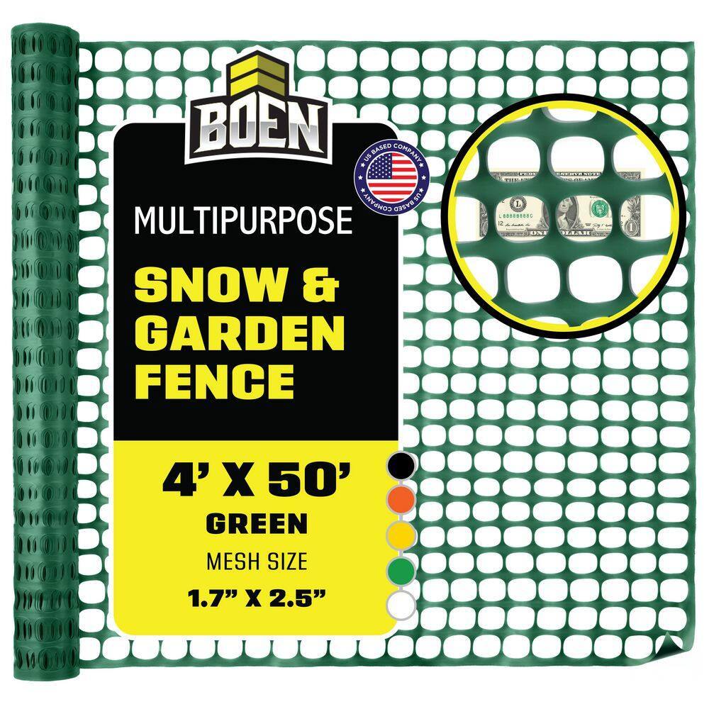 BOEN 4' x 50' Green Temporary Fencing, Mesh Snow Fence, Plastic, Safety Garden Netting, Above Ground Barrier, for Deer, Kids, Swimming Pool, Silt, Lawn, Rabbits, Poultry, Dogs