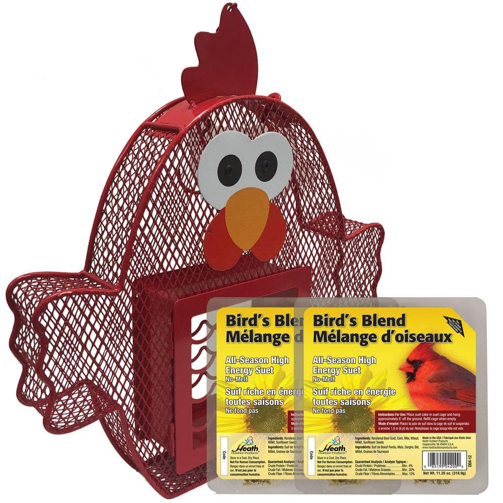 Heath Whimsical Chicken Suet 'n Seed Bird Feeder for Sunflower Seeds with 2 Free Bird's Blend Suet Cakes Included