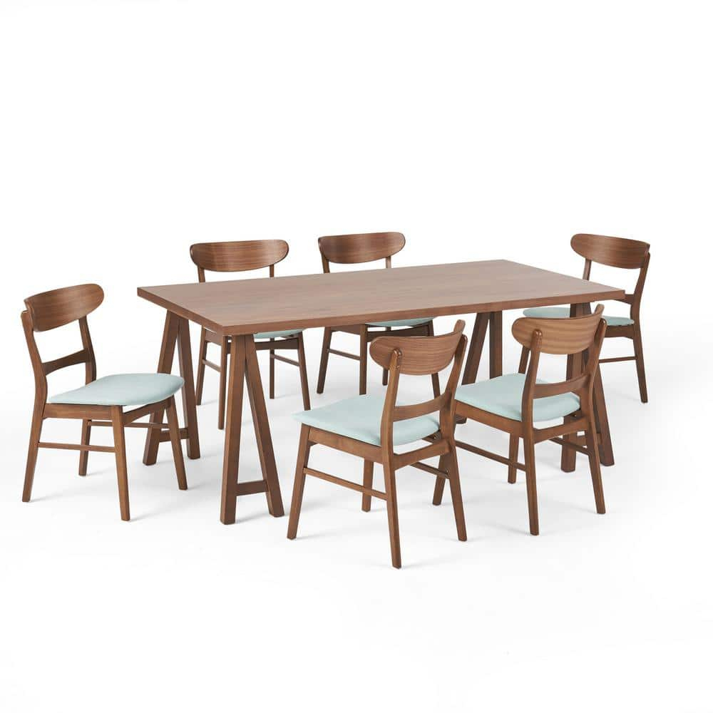 Noble House Lydia Mid-Century Modern 7 Piece Dining Set, Mint and Walnut