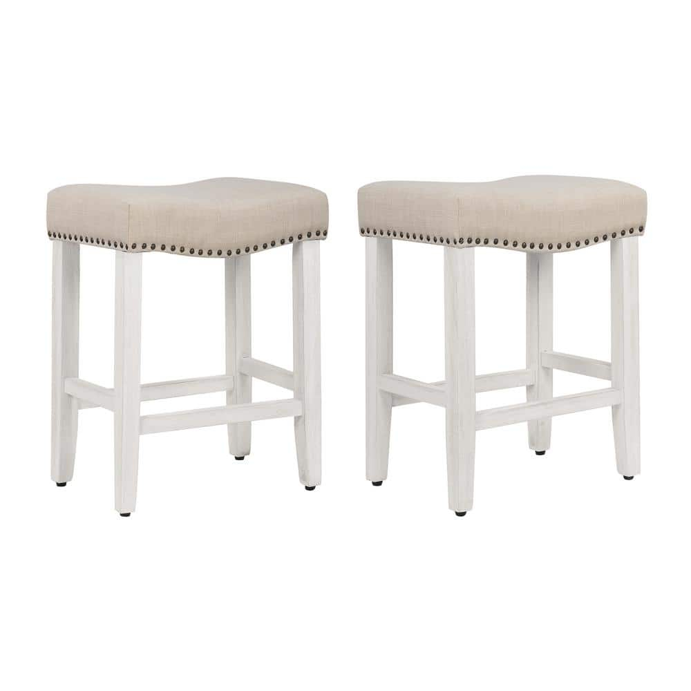 GRANDVILLE 24" Upholstered Bar Stool with Nail Head Trim (Set of 2), Antique White/Beige