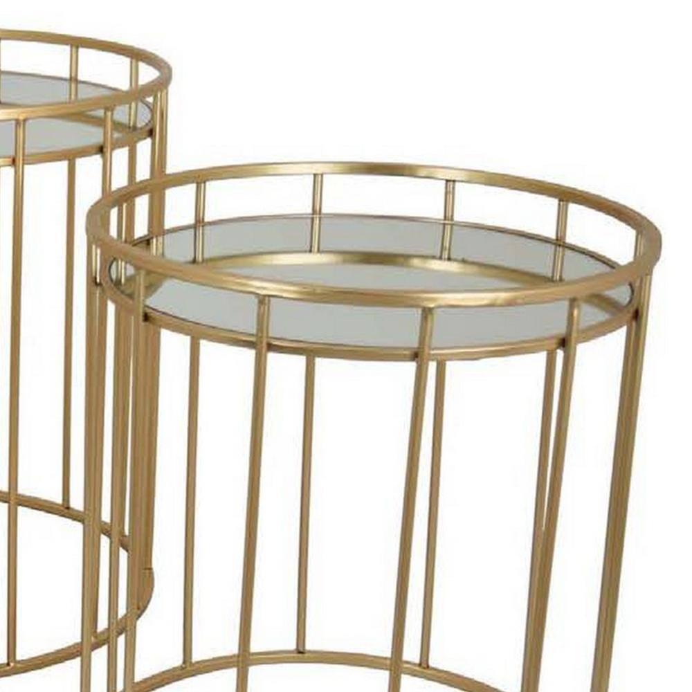 Benjara 20 Inch Plant Stand Table Set of 3, Gold Metal Frame, Mirror Tray Top