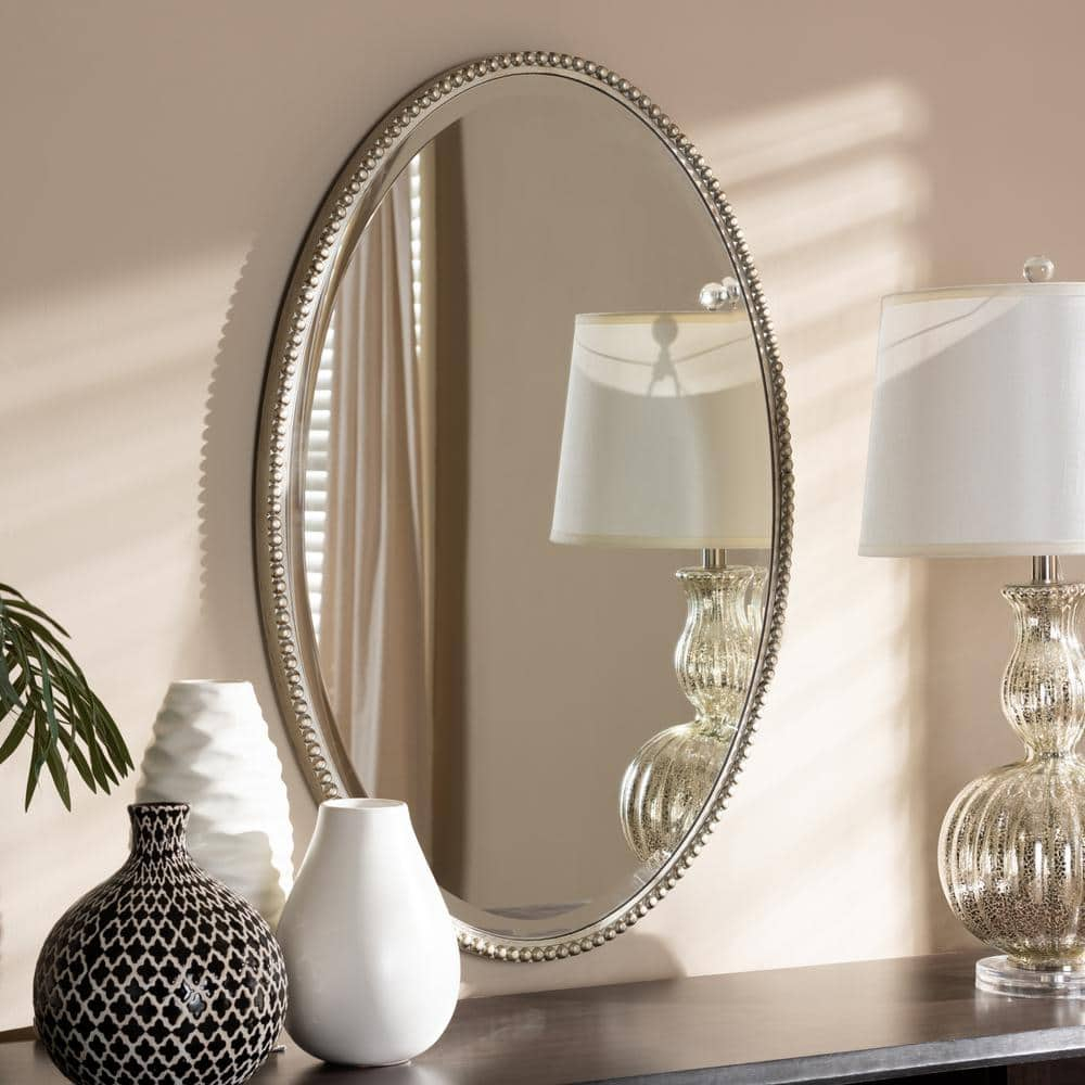 Elegant Oval Beaded Wall Mirror in Antique Silver Finish