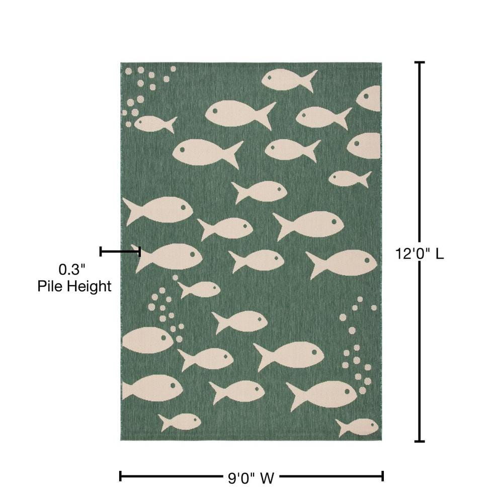 SAFAVIEH Courtyard Trena Fishes Indoor/Outdoor Area Rug, Dark Green/Ivory, 9' x 12'