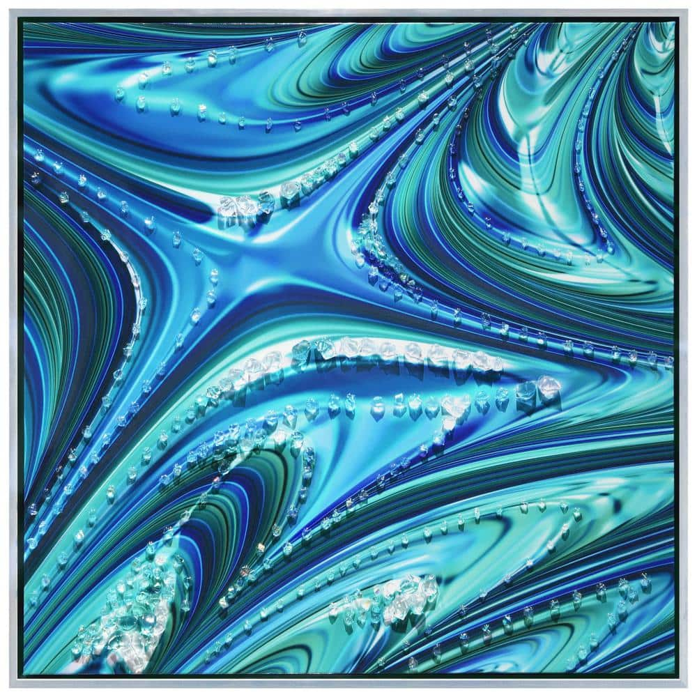 "Ocean Waves II" Crystallus Epoxy Coated Wrapped Framed Glossy Blue Canvas Wall Art with Heavy Acrylic Crystal Shards Embellishments