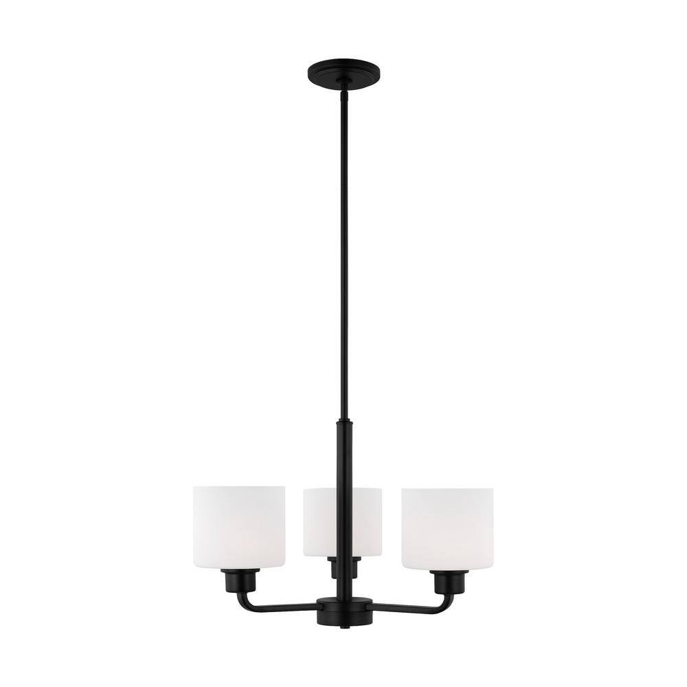 Canfield 3-Light Midnight Black Modern Minimalist Hanging Drum Chandelier with Etched White Glass Shades