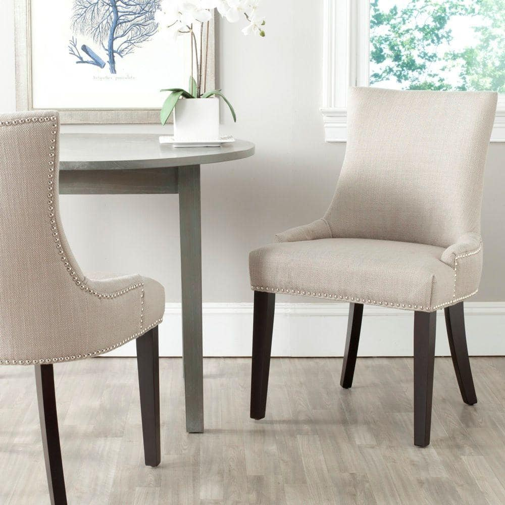 Ivory Linen Upholstered Parsons Side Chair with Gold Nailhead Trim