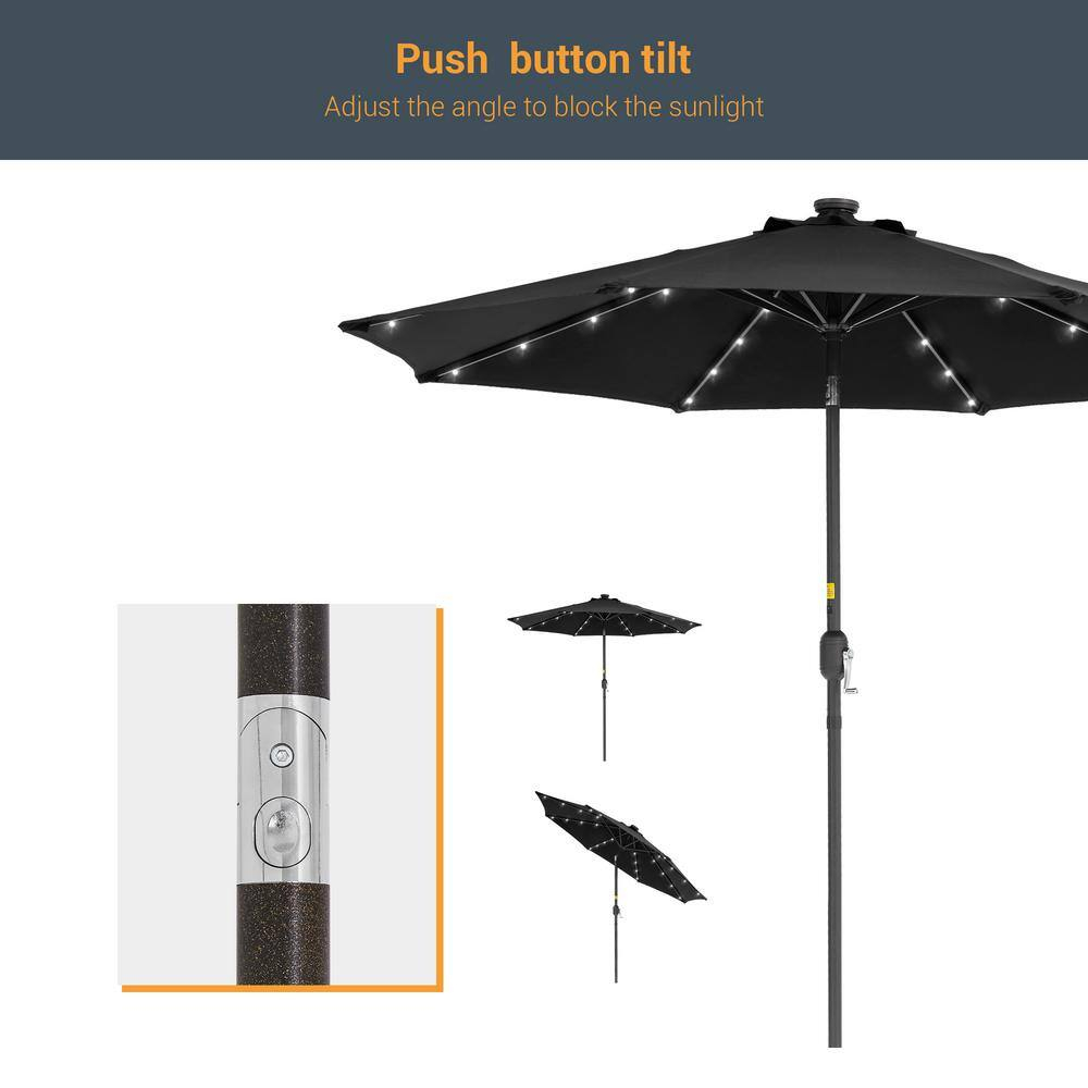 9 ft. Solar Lighted LED Outdoor Patio Market Table Umbrella in Black, UV-Resistant Canopy and Tilt Button