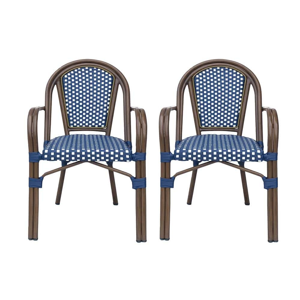 Cecil Aluminum and Wicker Outdoor French Bistro Chairs, Set of 2, Navy Blue, White, and Brown Wood