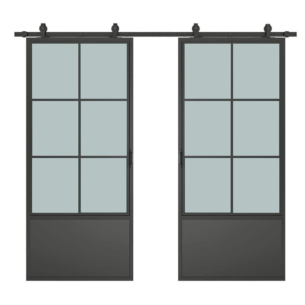 CALHOME 60-in x 84-in Frosted Glass Black Frosted glass Glass Solid core Double Barn Door (Hardware Included)