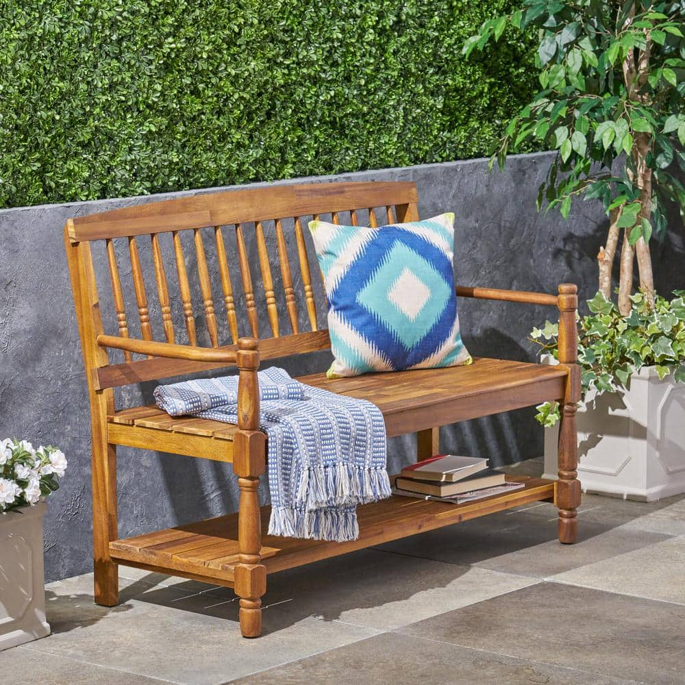 Larry Outdoor Rustic Acacia Wood Bench with Shelf, Teak