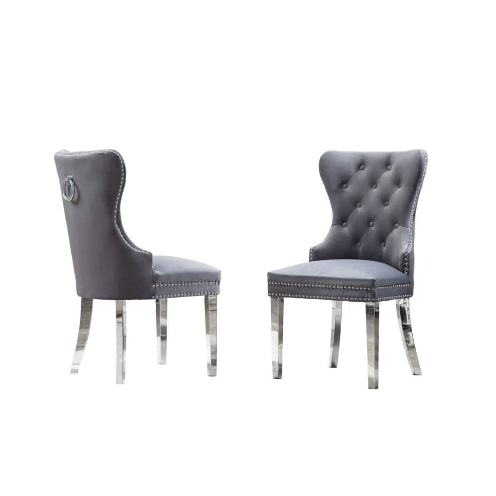 Tufted Dark Gray Velvet Side Chairs with Silver Stainless Steel (Set of 2)