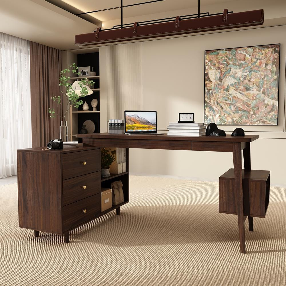 KULAGAGA Writing Desk with Drawers and File Cabinet, L Shaped Office Desk Computer Table, Espresso