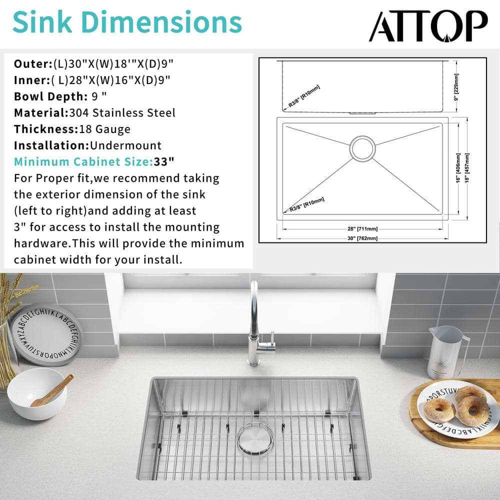 DIRECTUNIT 30 Inch Undermount Kitchen Sink 18 Gauge Stainless Steel Single Bowl