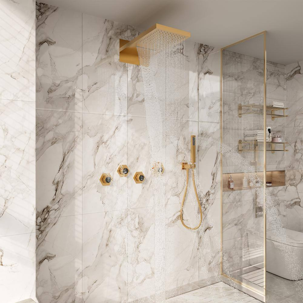 Large Brushed Gold Dual Shower Head System with LED and Bluetooth