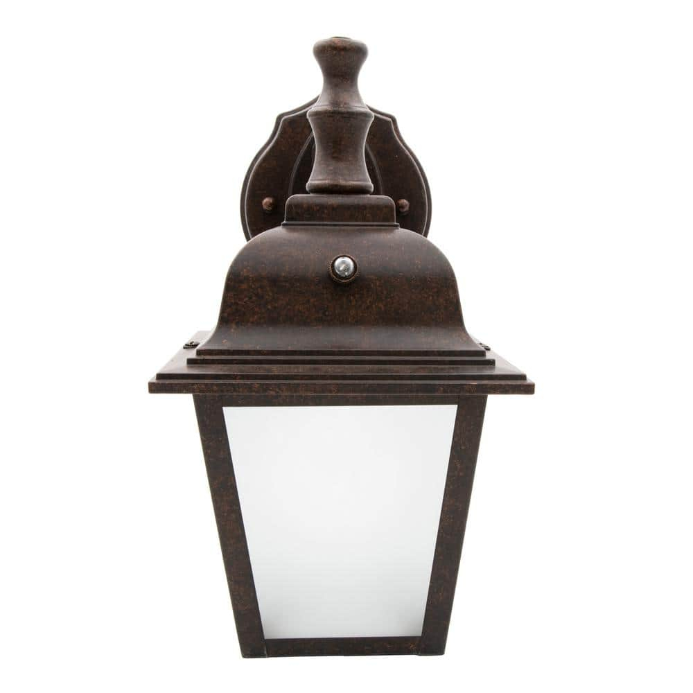Maxxima LED Porch Lantern Outdoor Wall Light, Aged Bronze w/ Frosted Glass, Dusk to Dawn Sensor, 3000K