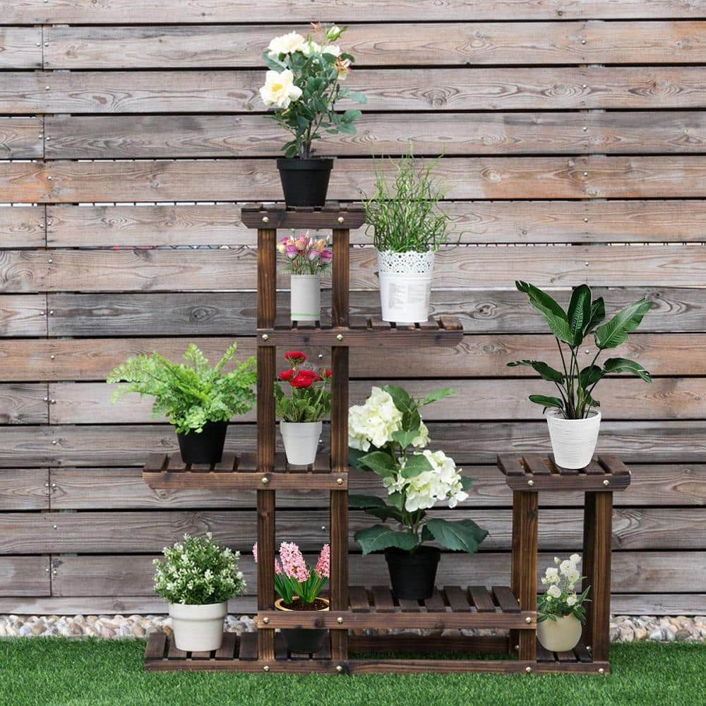 Costway Outdoor Wooden Plant Flower Display Stand 6 Wood Shelf Storage Rack Garden