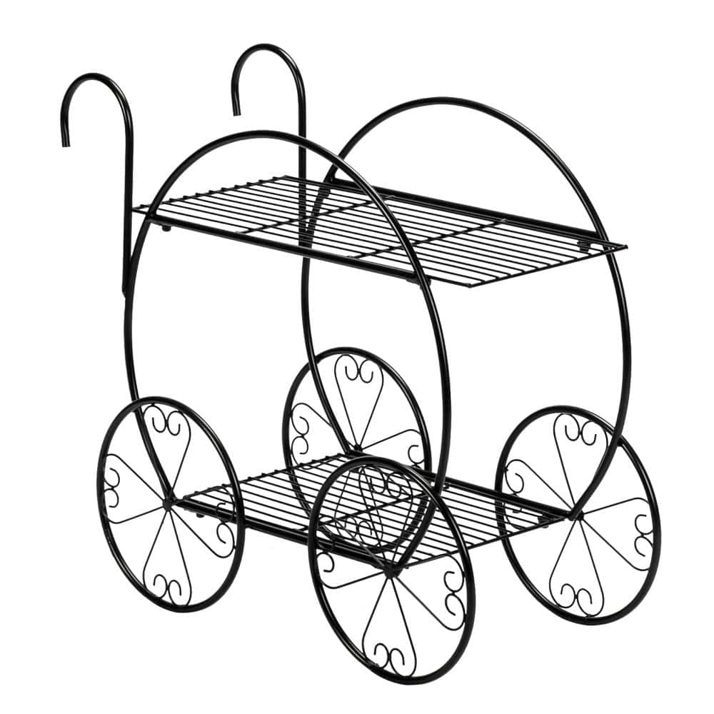 Tcbosik 2-Tier Plant Stand, Flower Pot Plant Holder with Metal Frame, Parisian Style Display Rack for Home, Garden, Patio, Black