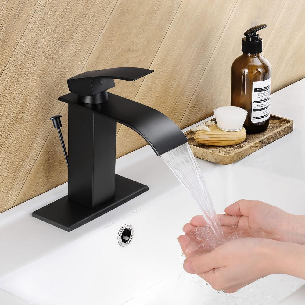 KZH Vessel Sink Faucet, Matte Black Tall Waterfall Spout Bathroom Faucet,Single Handle Bathroom Sink Faucet for 1 Hole Mixer Tap Washbasin Vanity Faucet with Pop-up Drain and Supply Hoses
