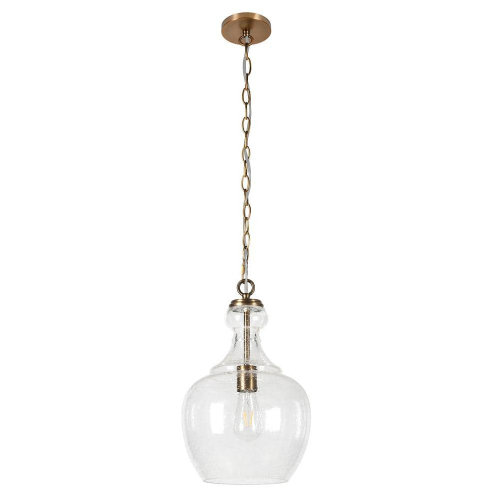 Henn&Hart 11" Wide Pendant with Glass Shade in Brass/Seeded, Pendant, Flush Mount Ceiling Light Fixture for Kitchen, Living Room