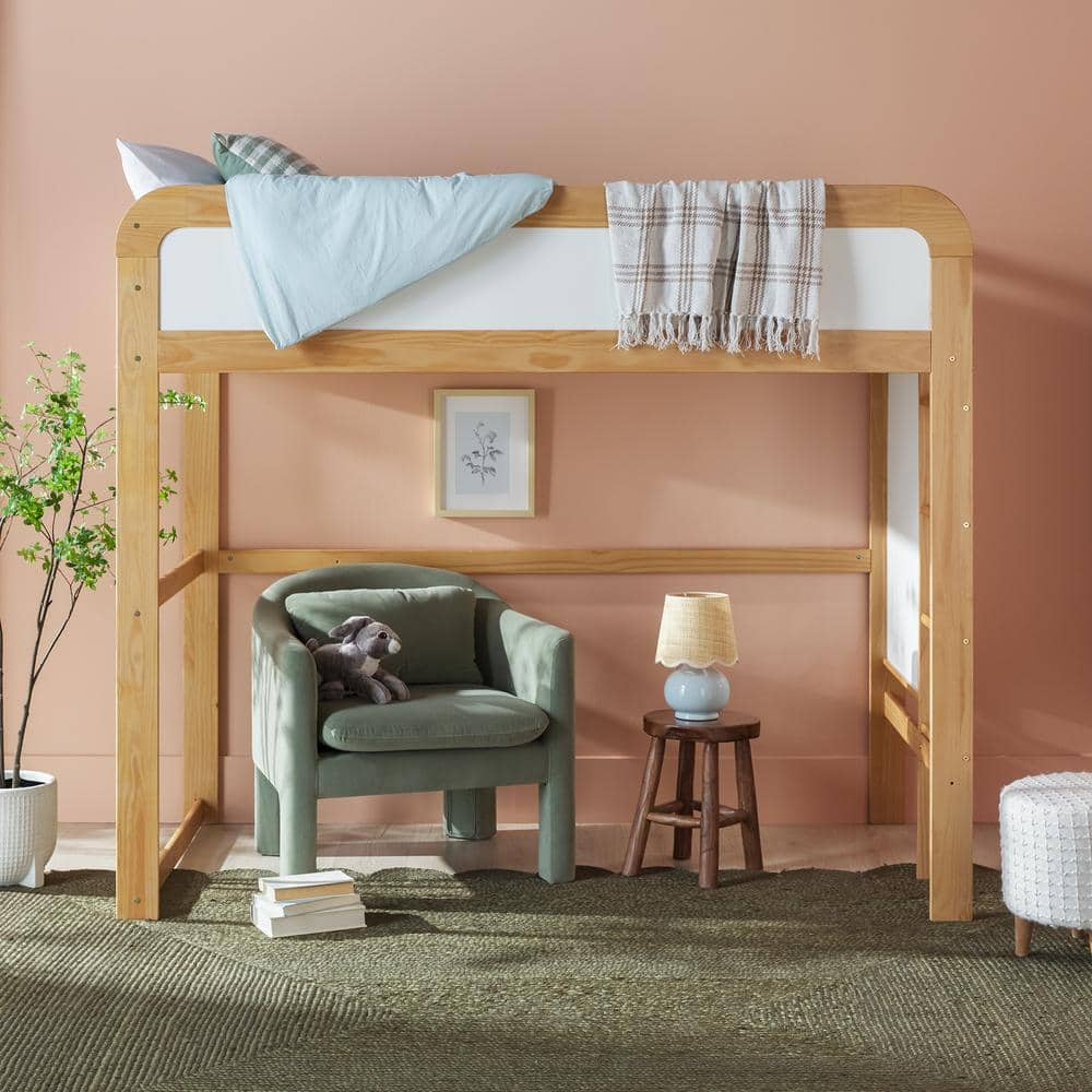 Walker Edison Contemporary Twin Loft Wooden Bed with Ladder, Natural Pine