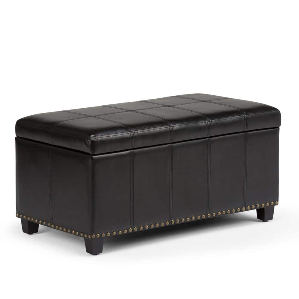 Simpli Home Amelia 34 inch Wide Transitional Rectangle Storage Ottoman Bench in Midnight Black Faux Leather