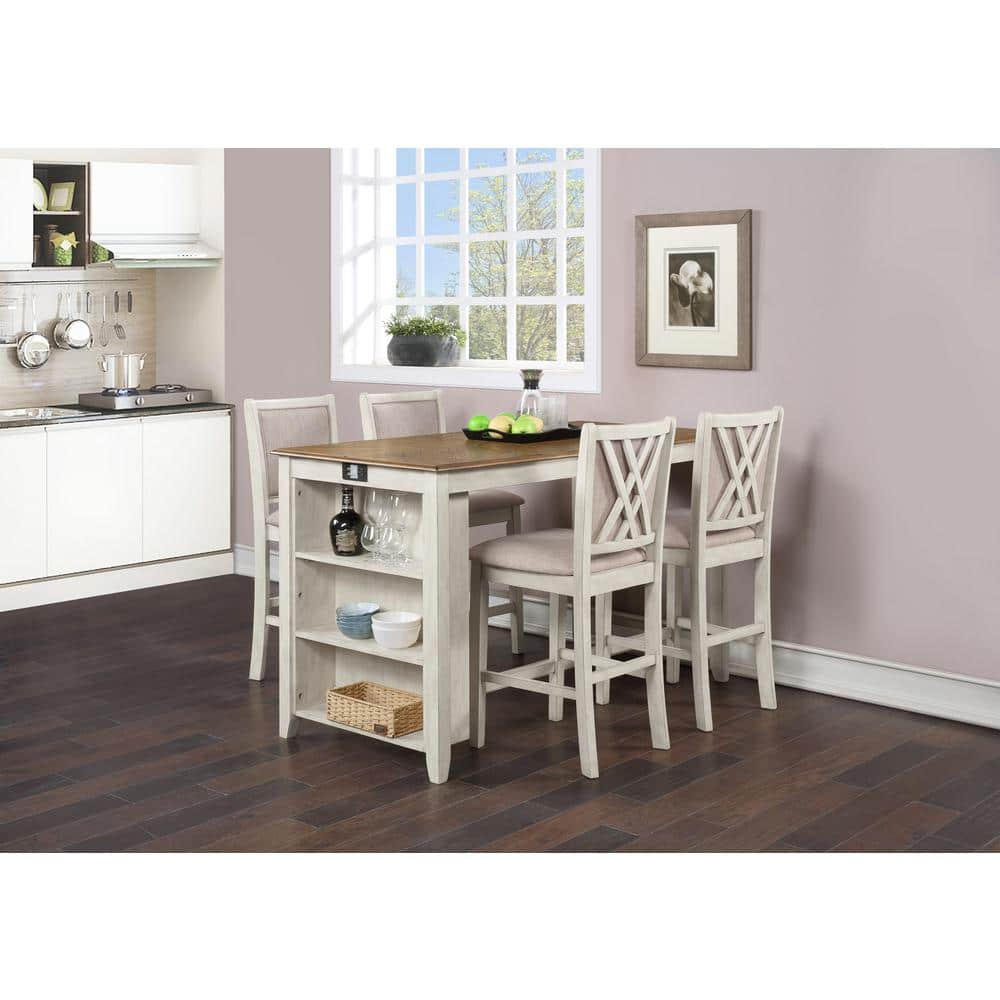 New Classic Furniture Amy 5 Pc 60" Counter Storage Table+Chairs- Bisque/Brown