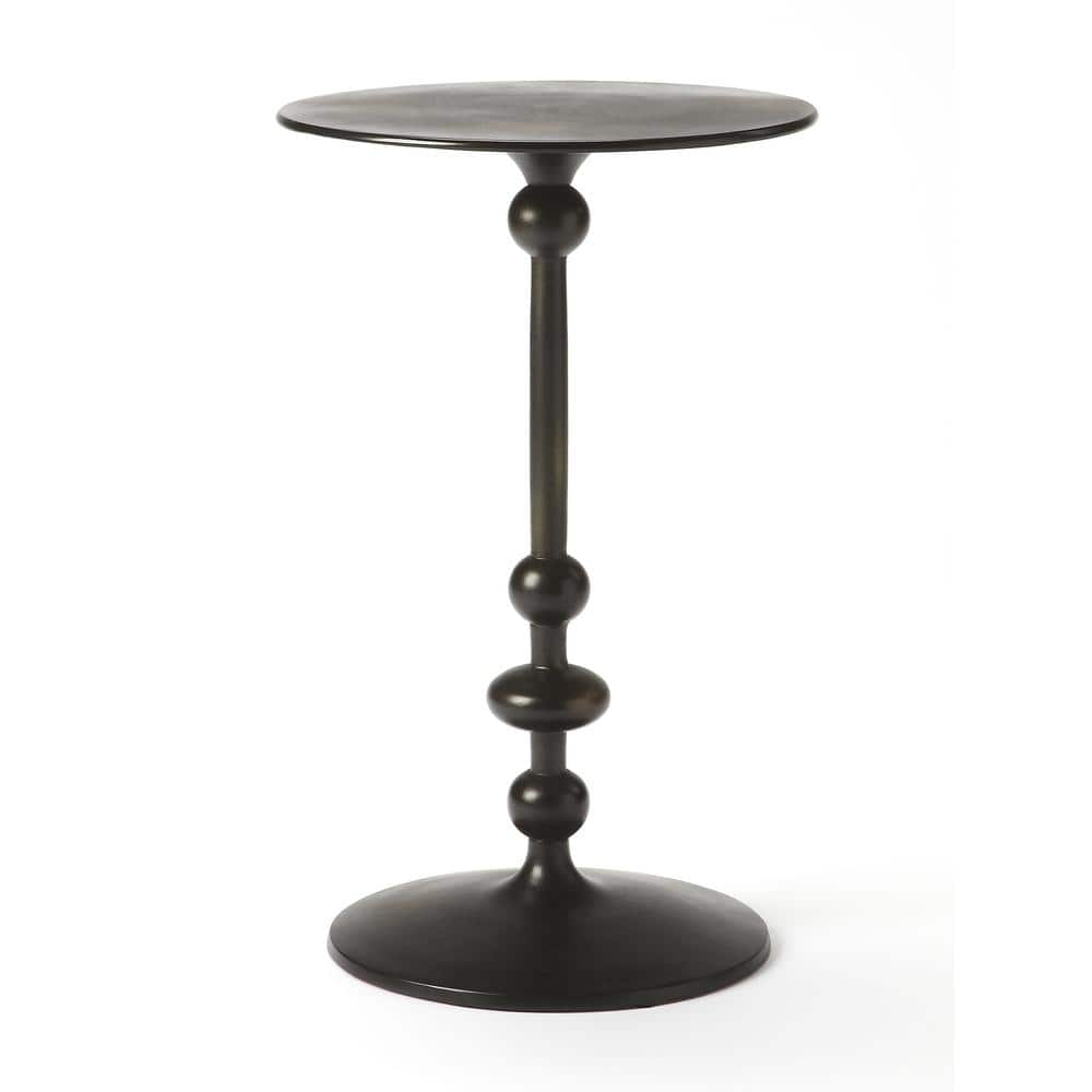 Elegant Round Black Iron and Wood Pedestal End Table