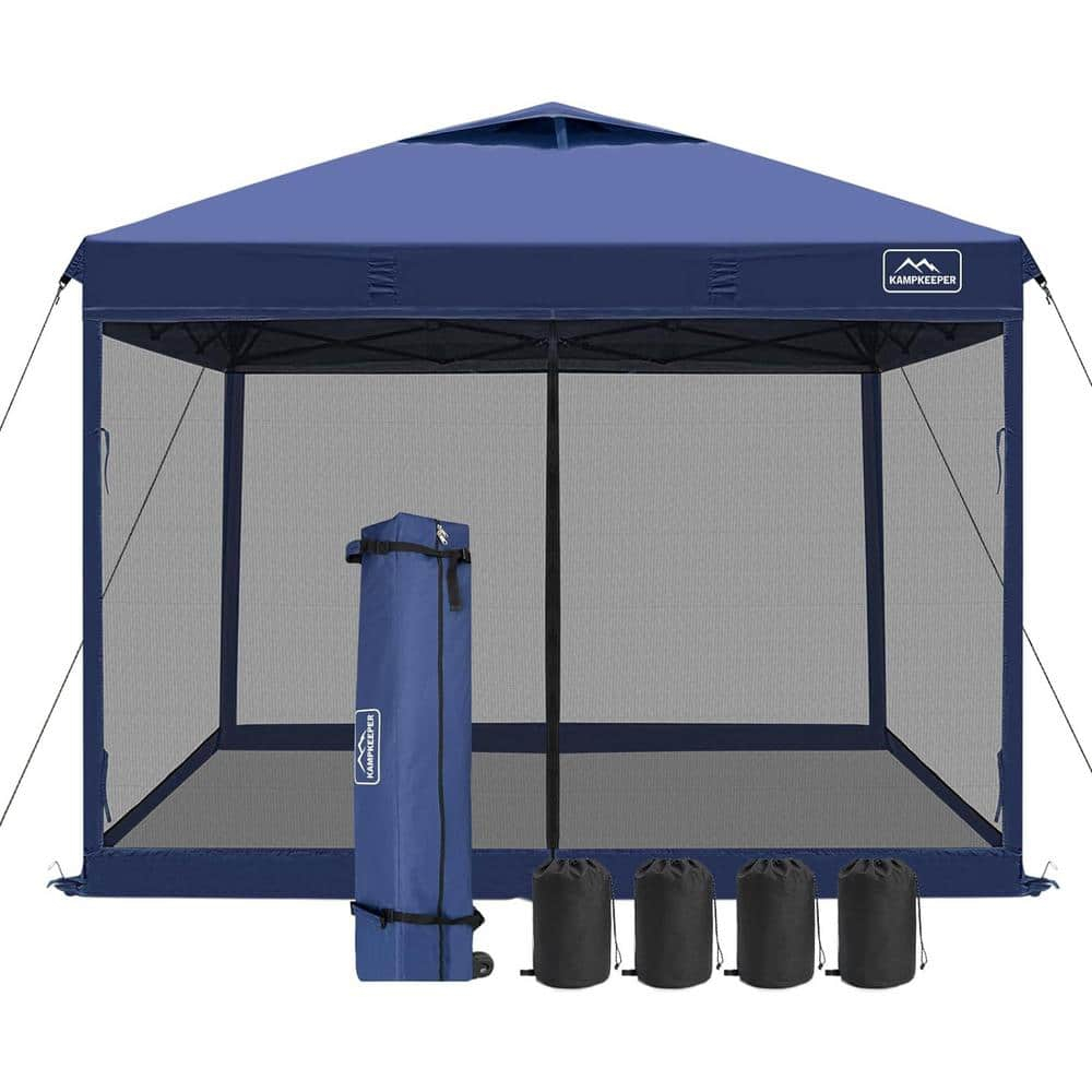 KAMPKEEPER 10x10 Pop Up Canopy Tent with Mosquito Netting - Waterproof Screen Shelter for Sun Shade, Camping, Beach and Outdoor Events, Navy Blue