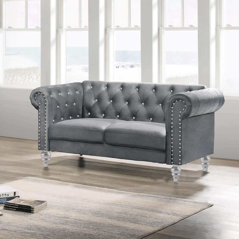 New Classic Furniture Emma Crystal Velvet Fabric Loveseat in Gray