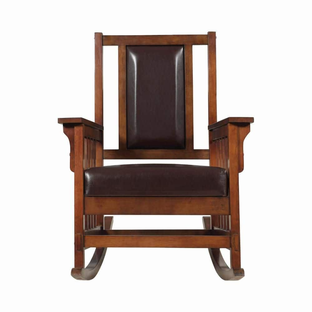 Benjara Mission Style Rocking Chair, Leather Upholstered Seat & Back, Tobacco and Dark Brown