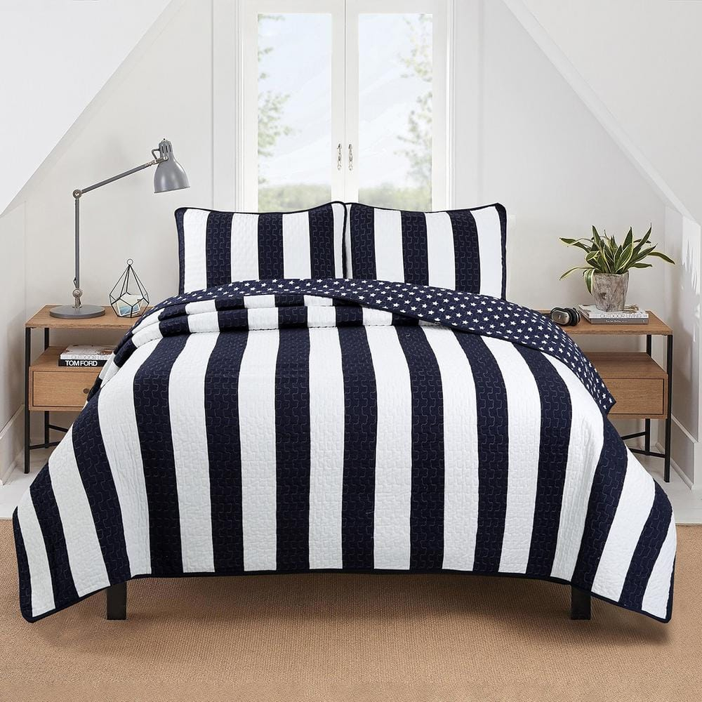 Navy Blue and White Striped Microfiber King Quilt Set