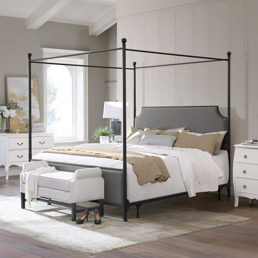 Hillsdale Furniture McArthur Metal Upholstered Canopy King Bed, Black Matte with Gray