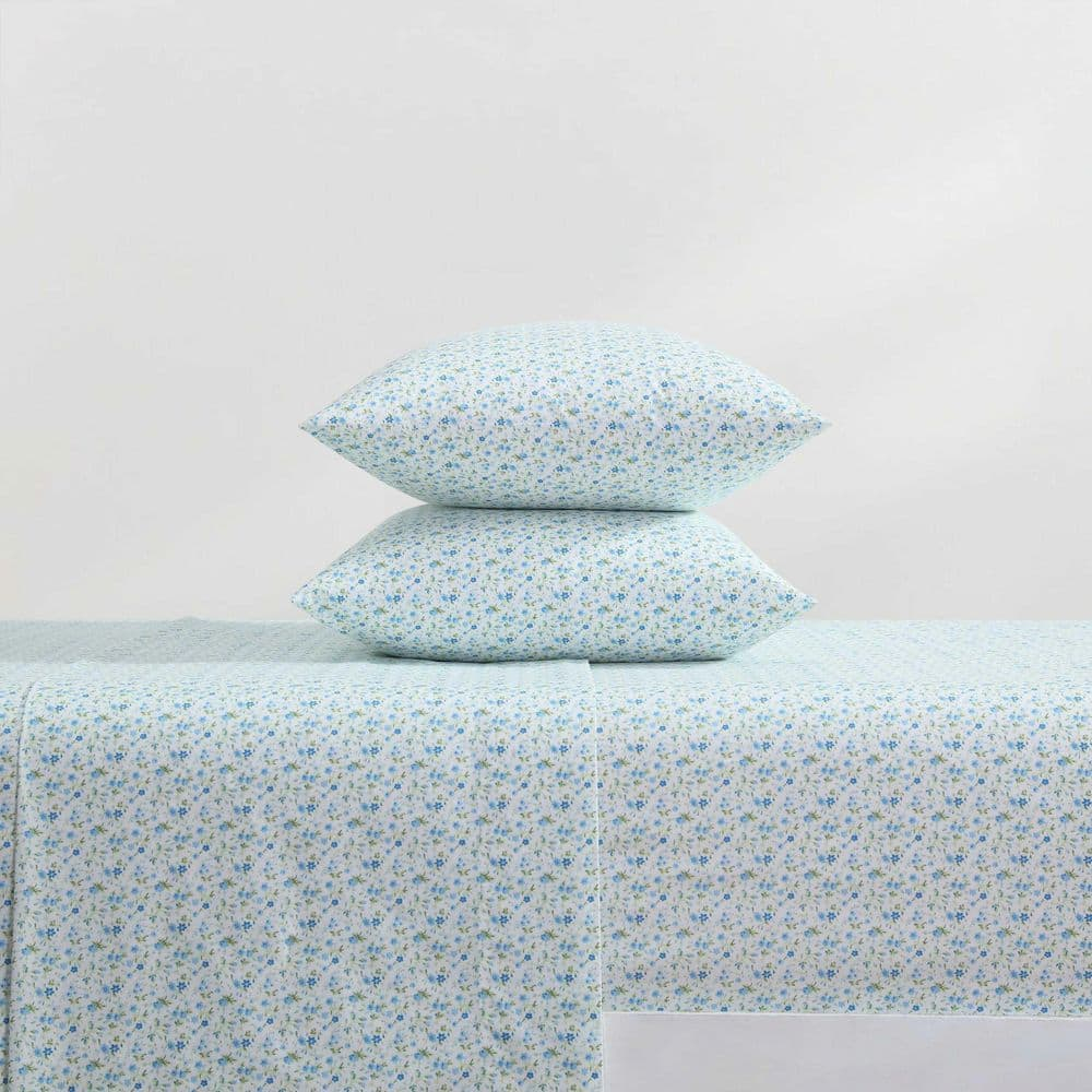 Evie Blue Floral Cotton Twin XL Percale Sheet Set