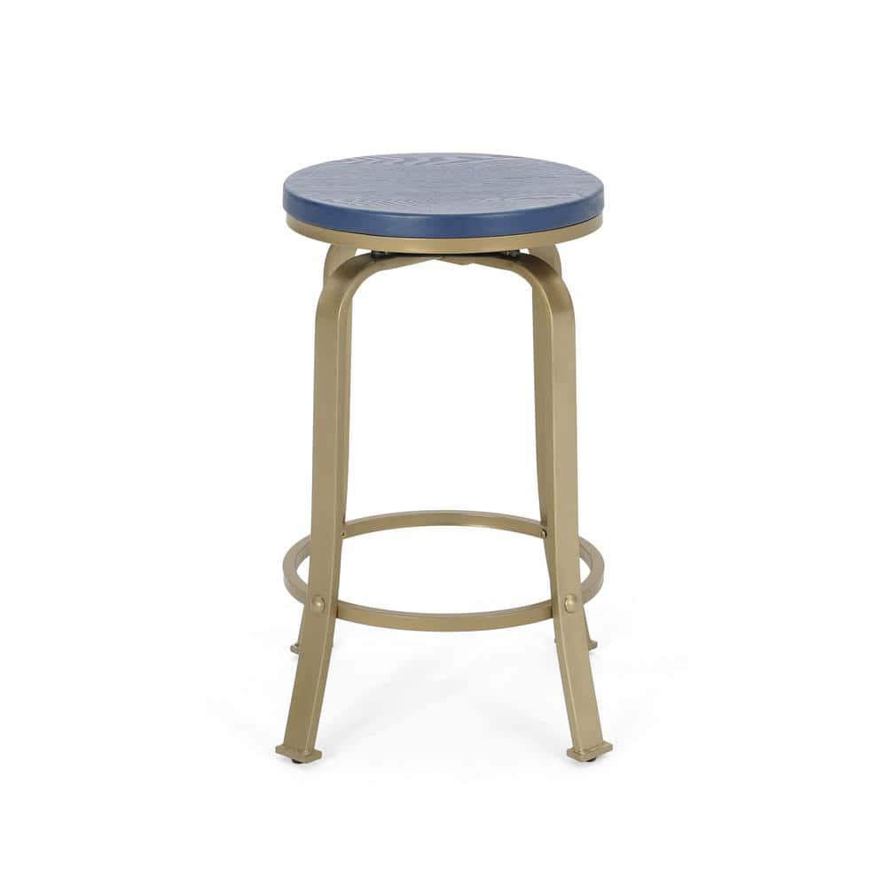 Noble House Skyla Modern Swivel Counter Stool in Blue and Gold (Set of 2)