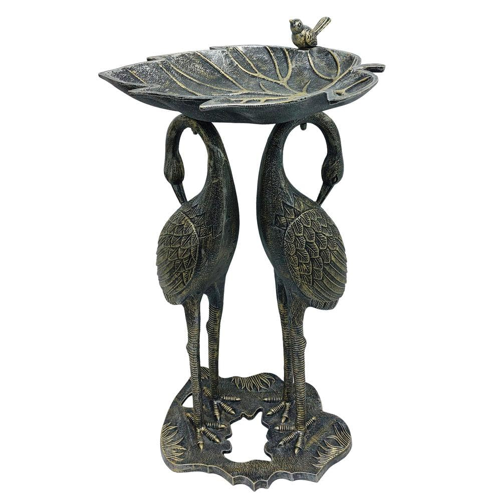 Oakland Living Cast Aluminum 30-in Twin Crane Silver Gold Bird Bath with Leaf Bowl