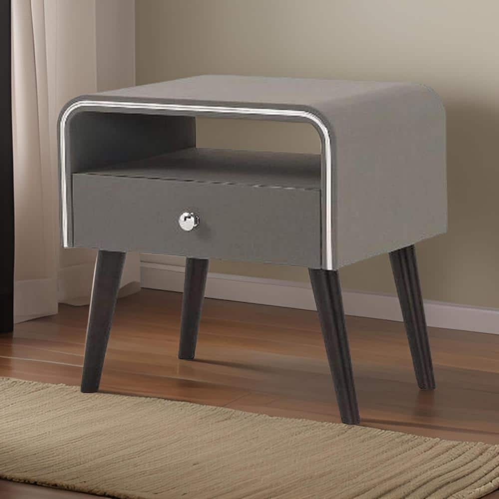 Curved Edge 1 Drawer Nightstand with Chrome Trim, Gray & Brown
