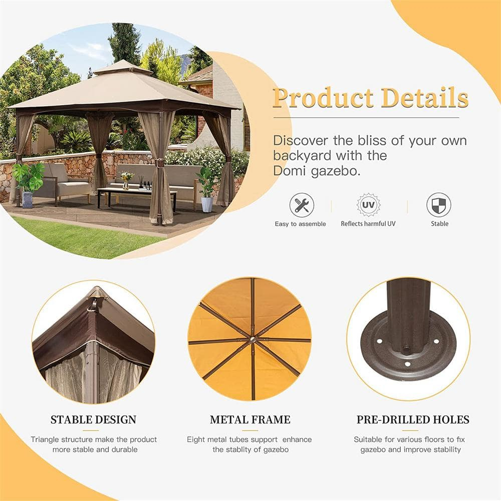 10'x13' Gazebo, Outdoor Gazebo with Netting, Metal Frame Double Roof Soft Top Patio Gazebo Canopy Tent for Deck Backyard Garden Lawns (Khaki)
