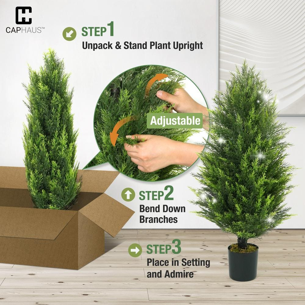 CAPHAUS 3 FT Artificial Cedar Tree Set of 2, 36 Inch Fake Boxwood Topiary w/Dried Moss, Natural Faux Plants for Outside Planter, UV Resistant, Artificial Tree Indoor, Outdoor Patio Décor
