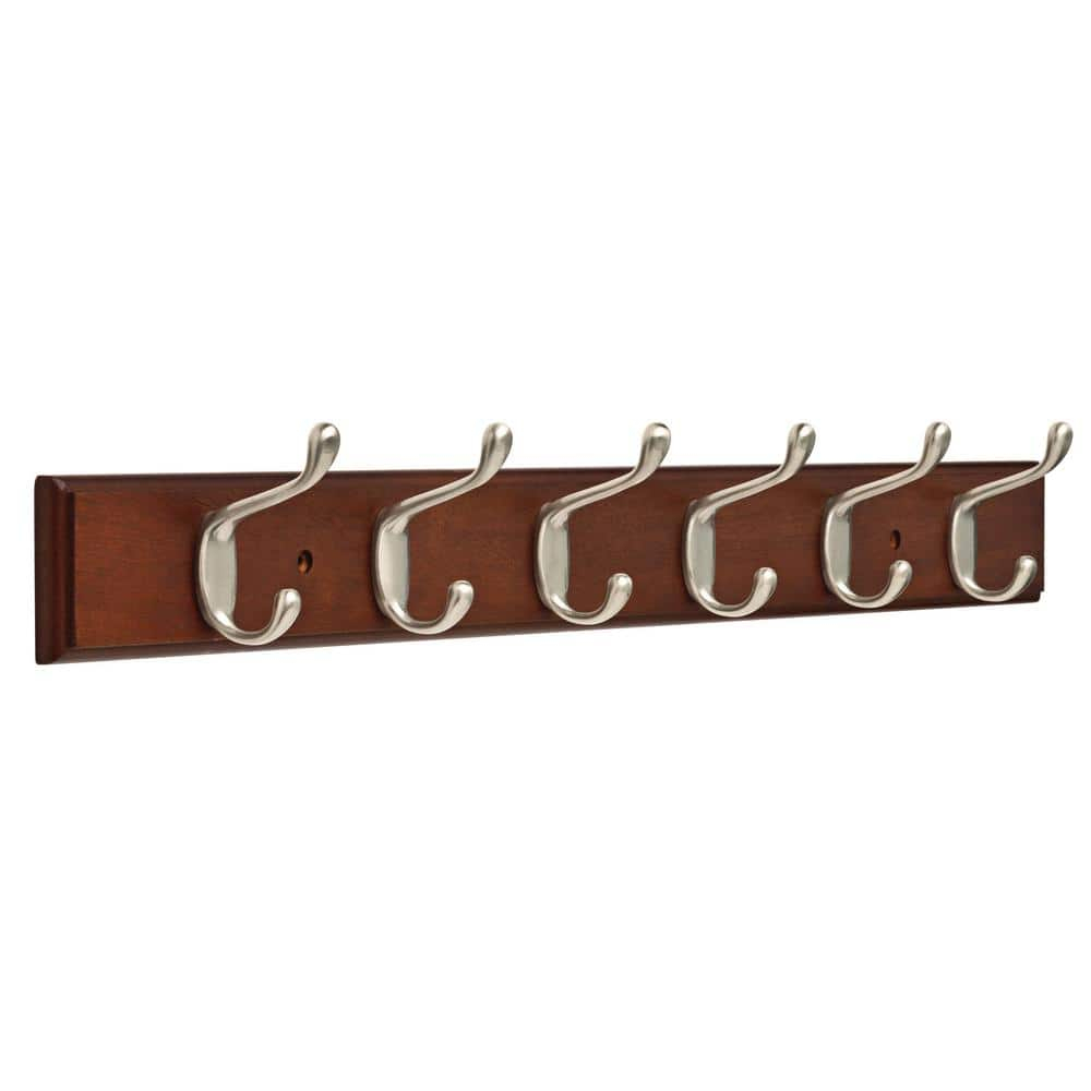 Franklin Brass 27 in. Rail with 6 Heavy Duty Coat and Hat Hooks in Bark and Satin Nickel