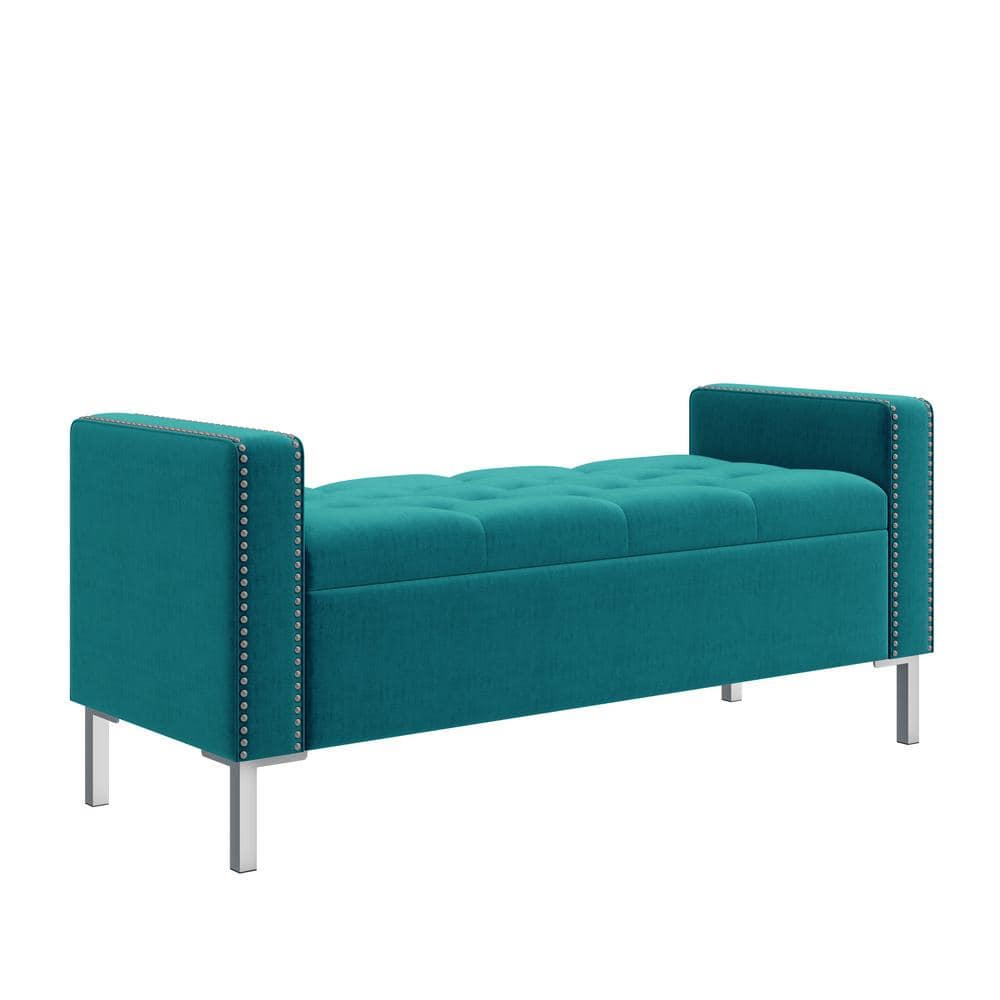 Homesvale Cashman 52"W x 22.5" H Storage Bench Ottoman with Square Arms for Living Room, Bedroom, Entryway, Turquoise Blue Velvet