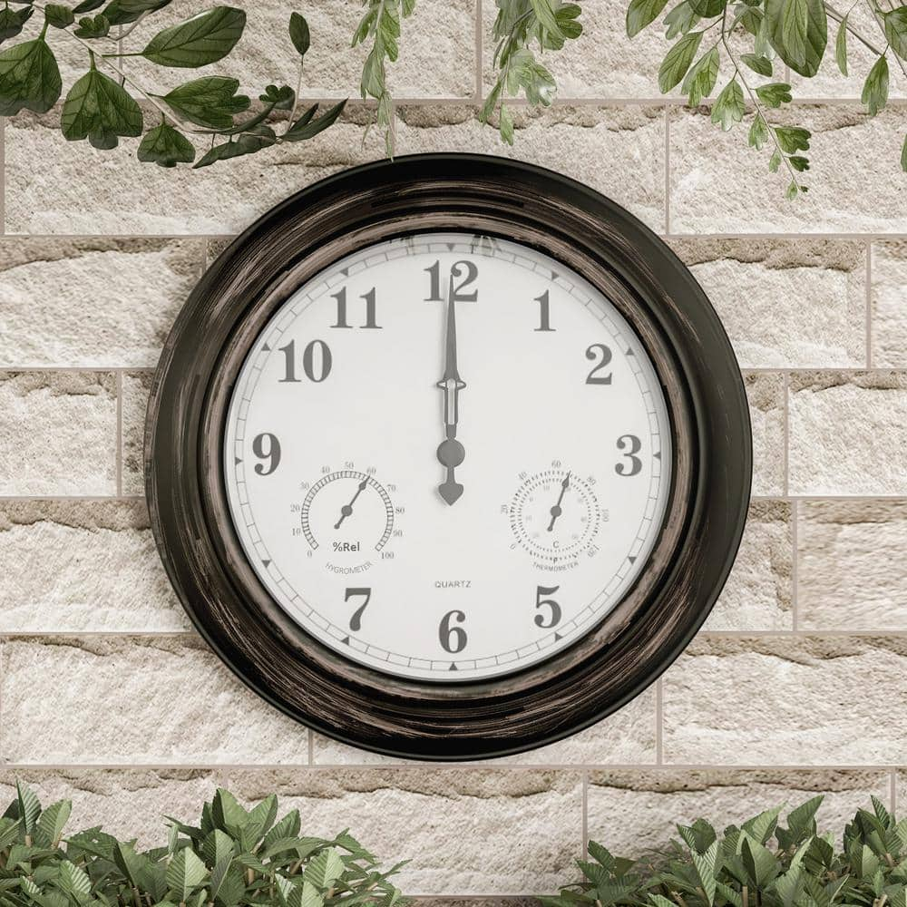 Pure Garden 18” Outdoor Clock with Thermometer & Hygrometer – Waterproof Wall Clock, Bronze Finish