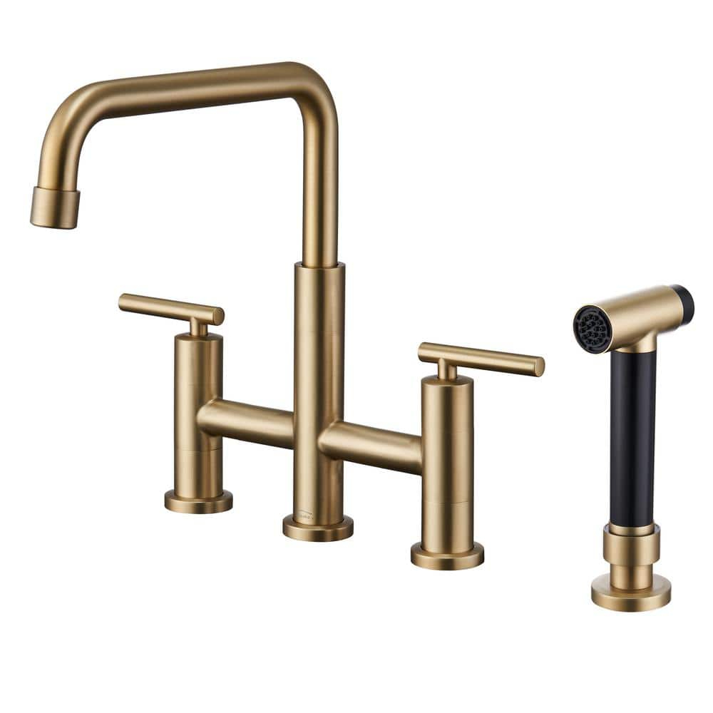 Double Handle Bridge Kitchen Faucet in Brushed Gold, with Put Out Side Sprayer