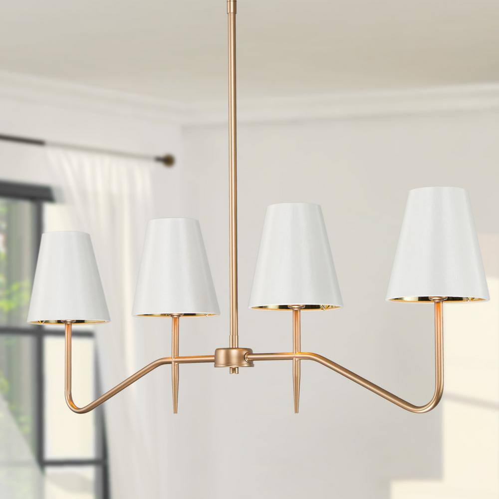 Brightever 4-Light Gold Linear Chandelier, Kicthen Island Light Fixture for Dining Room Over Table, Modern Pendant Lighting with White Fabric Shades for Pool Table, E12 Base (Bulb not Included)