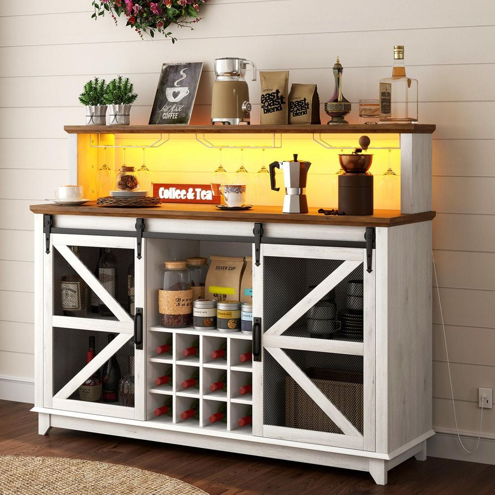 Homiyad 55" Coffee Bar Cabinet with Lights, Farmhouse Wine Cabinet with Wine and Glass Racks for Kitchen, Dining Room, White